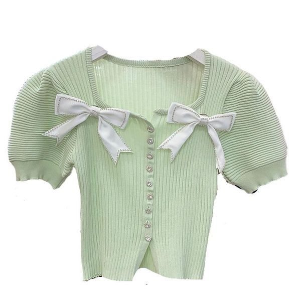 

women's knits & tees 2021 pink sweet cute kawaii bow shirt patchwork women summer knitted cardigan chic single-breasted crop sweaters, White