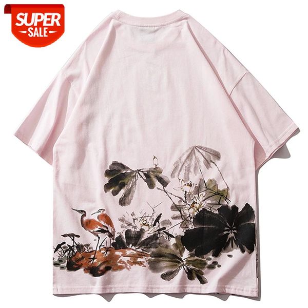 

harajuku t-shirt men streetwear lotus crane painting print tshirts 2021 summer oversized tshirt cotton short sleeve shirt white #z046, White;black