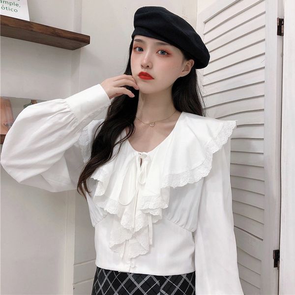 

2021 japanese fashion shirt spring new simple mint leaf collar lace sewing lantern cover 5wcq, White