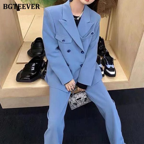 

women's two piece pants bgteever stylish office ladies pant suits double breasted blazer & high waist female suit elegant 2 pieces set, White