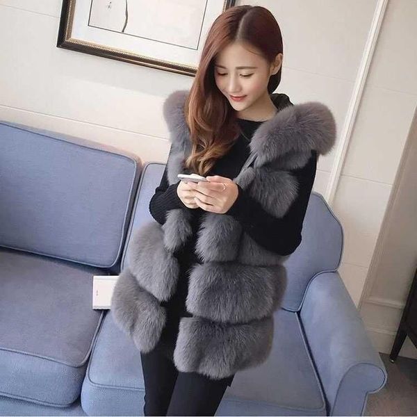 

women's fur & faux 2022 winter sleeveless coat hood gilet artificial jacket female solid color loose warm vest for women y263, Black