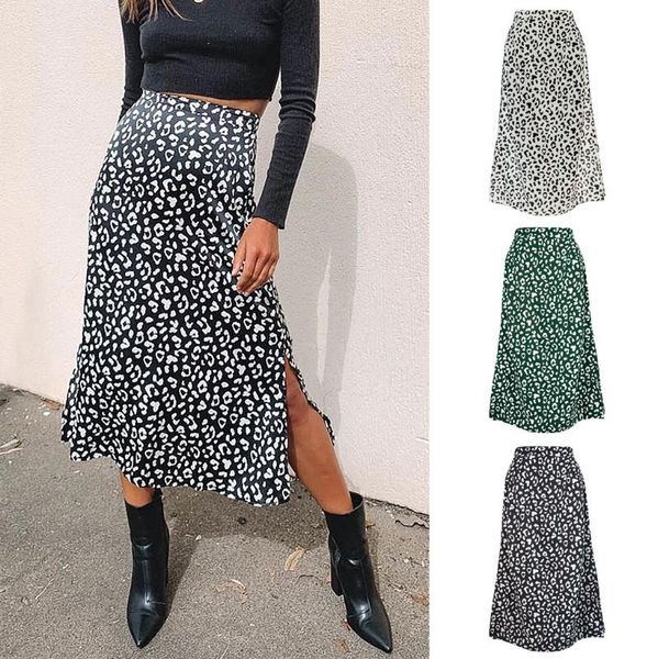 

skirts summer womens fashion mid calf skirt leopard print high waist casual satin dot long skirt#g30, Black