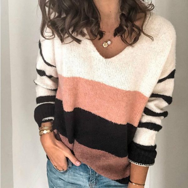 

women's sweaters striped pullovers casual loose jumpers oversized color-block sweater women autumn winter v neck knitted, White;black