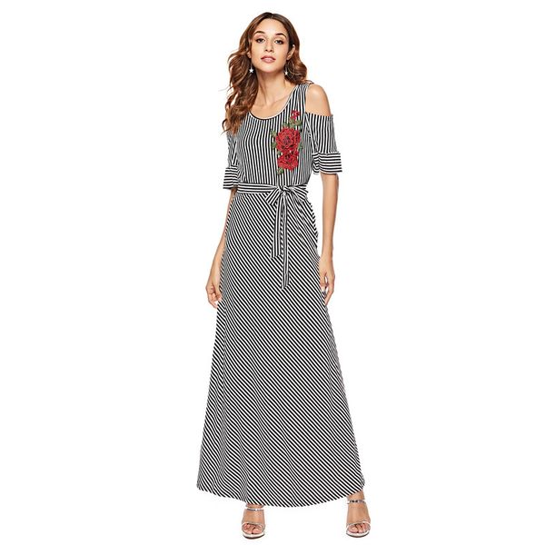 

summer fashion stripe maxi pink flower embroidered long female casual short sleeve dress with open shoulder peaz, Black;gray