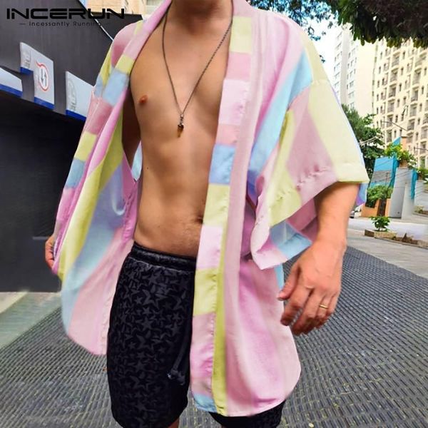 

men's casual shirts incerun men shirt colorful printed short sleeve streetwear open stitch cardigan 2021 hawaiian summer beach camisas, White;black