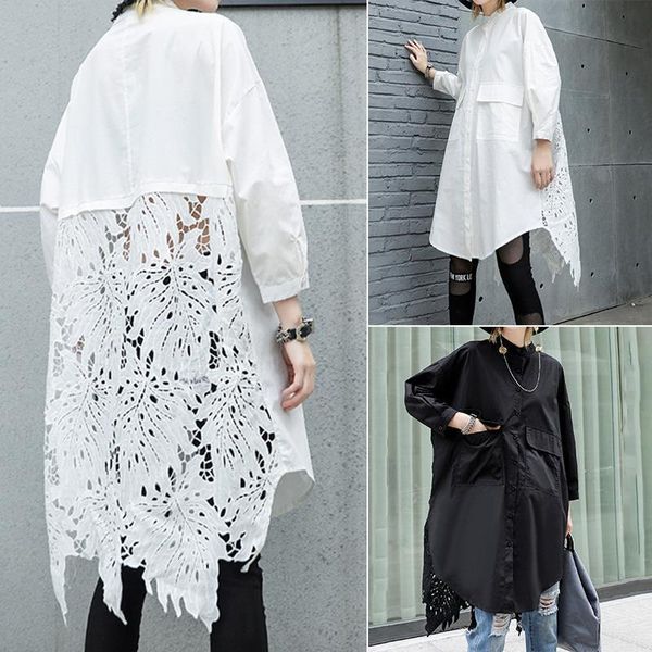 

women lace crochet shirt casual lapel neck long sleeve hollow out loose long femme patchwork blusas chemise 7, White
