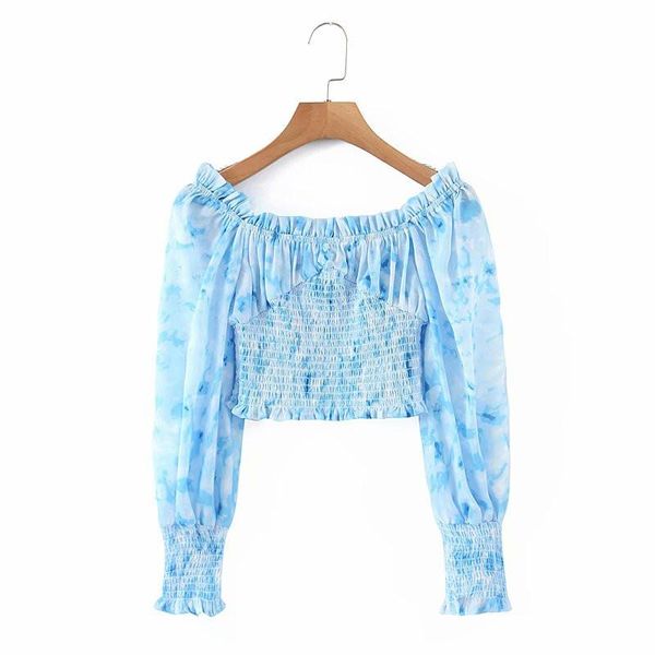 

women's blouses & shirts evfer women summer vintage blue chiffon short blouse chic lady fashion long puff sleece elastic waist shirt b, White