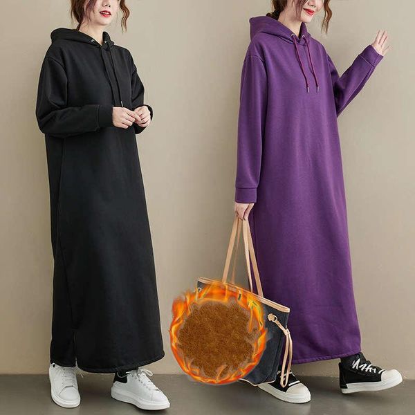 

casual dresses autumn winter plus velvet thicken pullover sweatshirt dress women loose long sleeve hooded super female c6907, Black;gray