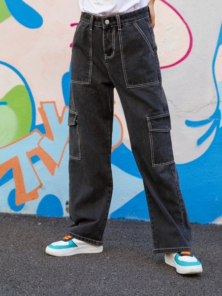 

romwe stitching trim pocket jeans a7da#, Blue