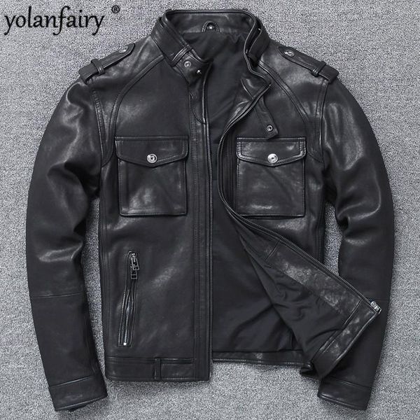 

men's leather & faux men jackets real sheepskin coat 2021 spring clothes short style of moto biker casual slim full jacket 9816-y, Black