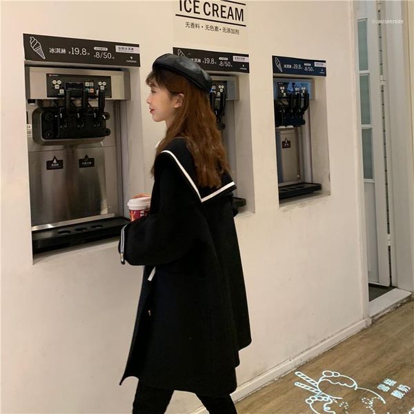 

women's wool & blends 2021 spring autumn navy lapel en coat female mid-long korean style outerwear faux coats1, Black