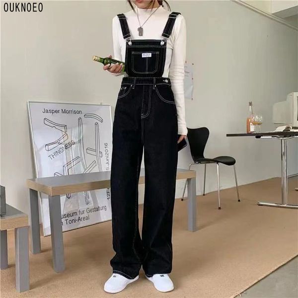 

women's jumpsuits & rompers denim korean preppy style loose multiple pockets fashion summer woman overalls wide leg straps v1aa, Black;white