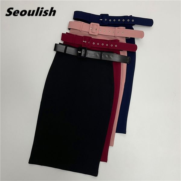 

seoulish summer women's wrap skirts with belted high waist elegant female midi office sheath pencil 210708, Black