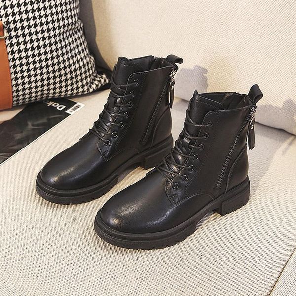 

boots 2021 winter woman british style plus velvet warmth non-slip short thick-soled zipper women's shoes, Black