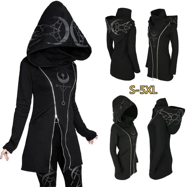 

2021 women's punk style print long sleeve hooded double zipper hoodies long black hoodie