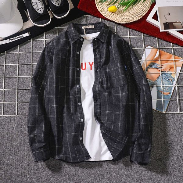 

ins plaid new spring lapel long sleeve fashion men's handsome shirt, Tan;black