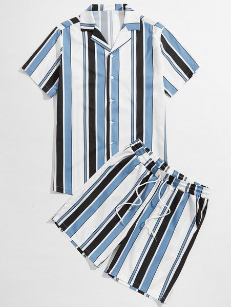 

men colorful stripe button up shirt & shorts y5r3#, Gray