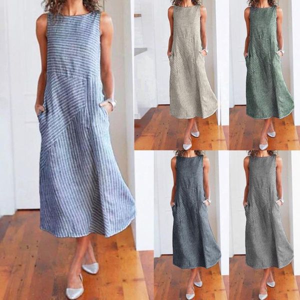 

casual dresses fashion women vestidos 2021 long striped print sleeveless neck linen pocket dress5.18, Black;gray