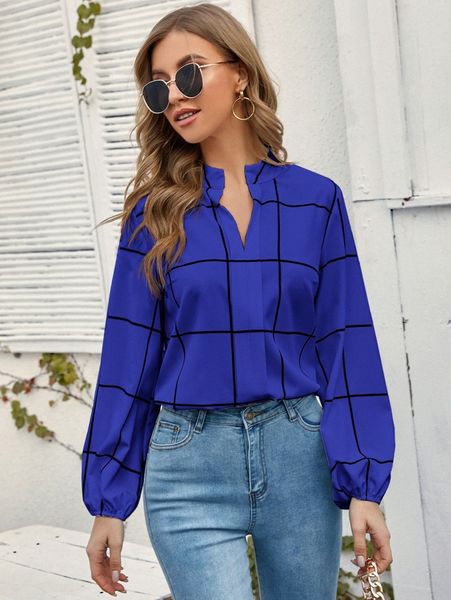 

windowpane plaid notched neck blouse 95yi#, White