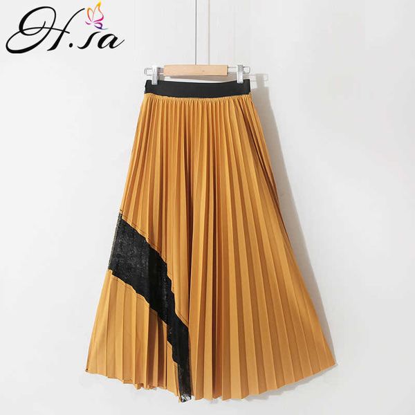 

hsa women spring summer long skirts pleated long faldas lace stitch high waist yellow green chic streetwear skirts loose jupes 210716, Black