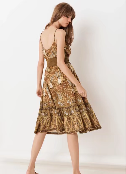 

bohemia khaki cockscomb floral print sling dress holiday woman loose spaghetti strap long summer dresses beach vestidos, Red