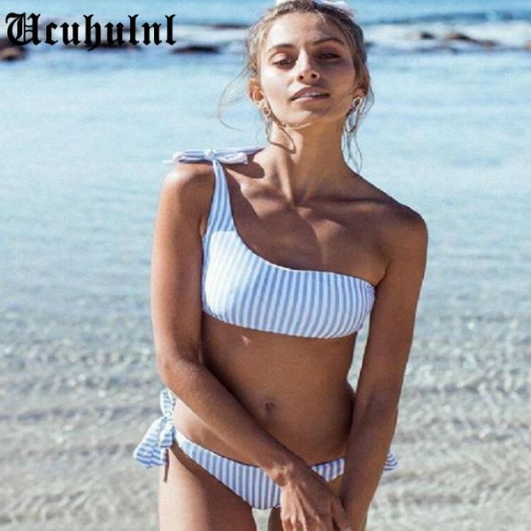 

women's swimwear 2021 women striped bikinis set summer one shoulder bandage pushed up paded swimsuits real po, White;black