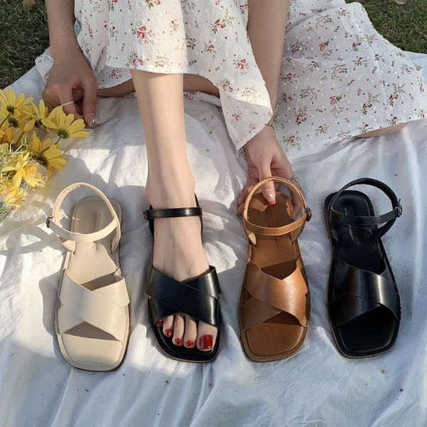 

sandals square toe flat sandal shoe 2021 women's buckle clear heels suit female beige all-match without summer comfort gladiator bla, Black