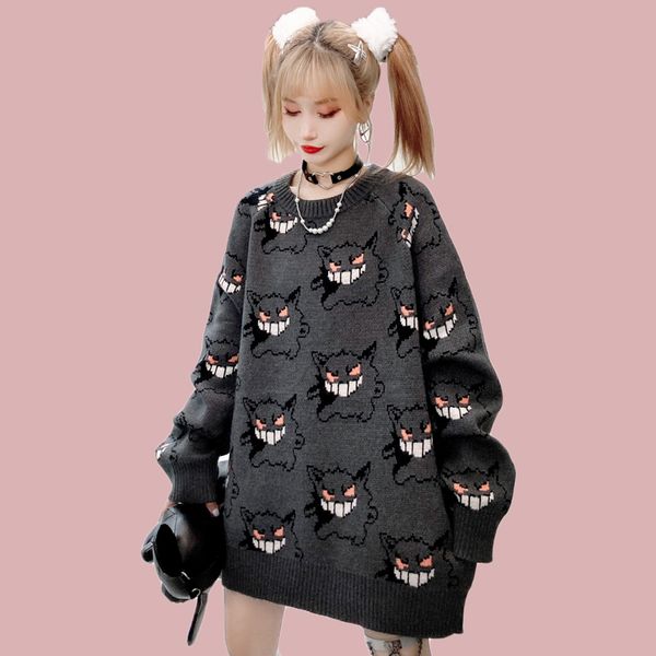 

anime sweater women harajuku pattern pullover loose korean style 2021 autumn winter warm knitted jumper woman sweaters, Black