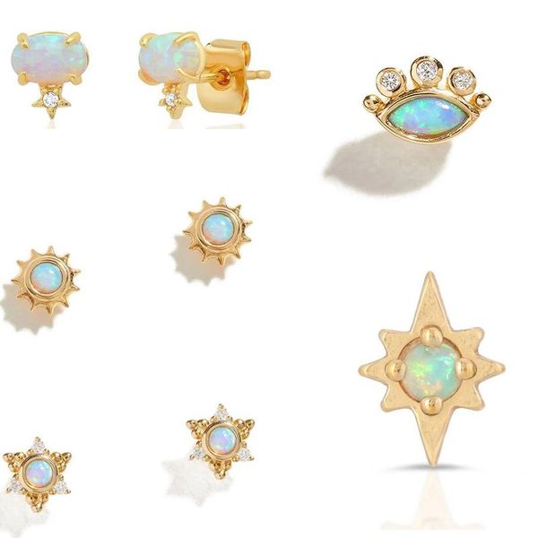 

stud 100% 925 sterling silver fire opal gemstones sun star eye mini small multi piercing women girl earrings, Golden;silver