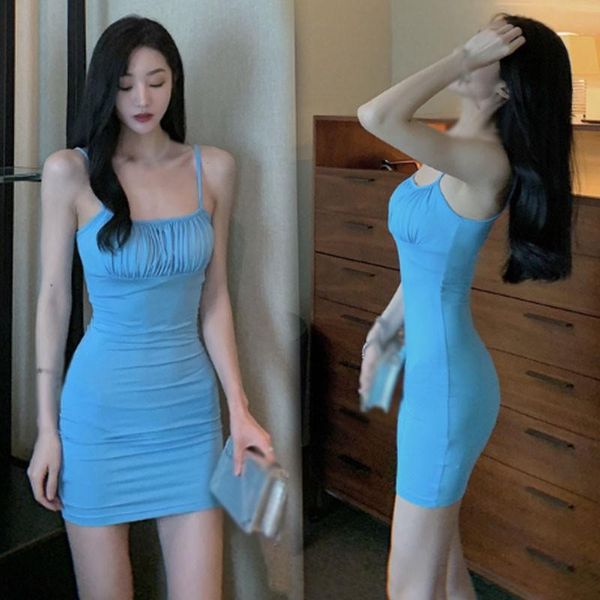 

casual dresses women's fashion solid color slim suspender dress blue, Black;gray