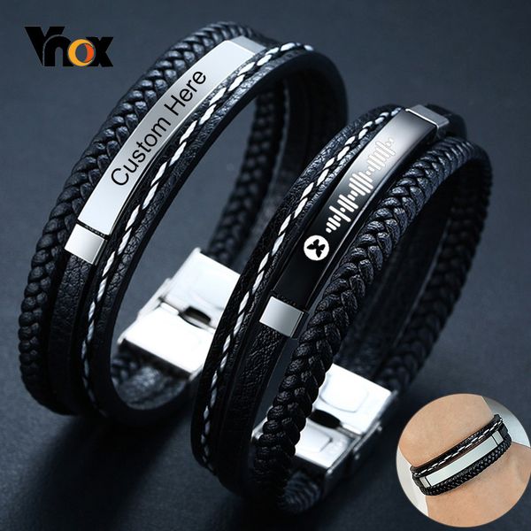 Personalizar as citações de nome pulseiras de couro para homens lustroso de aço inoxidável em camadas bangle trançado personalizado pai marido papo