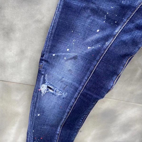 

men's jeans slim micro-elastic paint hole t124, Blue