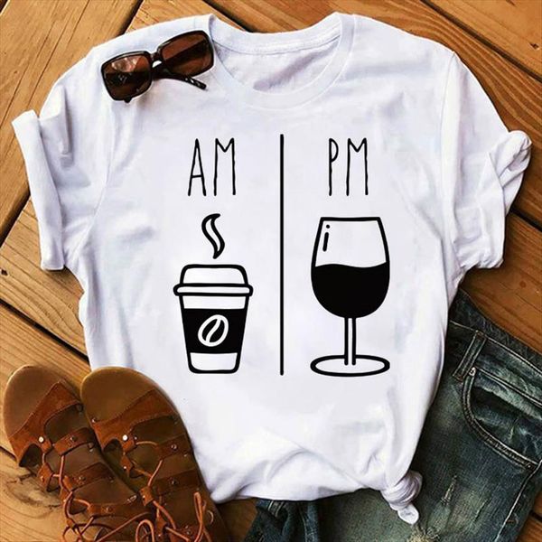 

fashion am coffee pm women red wine print harajuku funny tee summer female short sleeve shirt, White