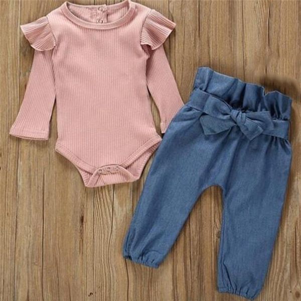 

clothing sets 2pcs children suit fashion toddler kids baby girls set pink beige t-shirt + jean denim pants outfits, White