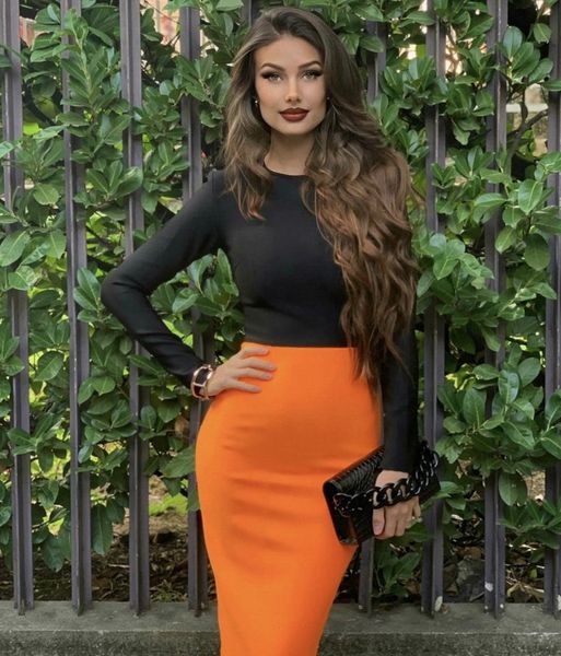 

2021 new sinly winter long sleeve patchwork midi orange women bandage fashion evening party vestido ucll, Black;gray