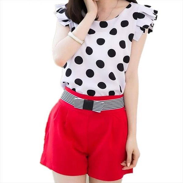 

chiffon casual polka white women shirt black dot short sleeve fashion o neck