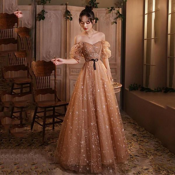 

ethnic clothing star mesh pleated prom party dress gown champagne sweetheart neck qipao perspective puff sleeve cheongsam backless vest, Red