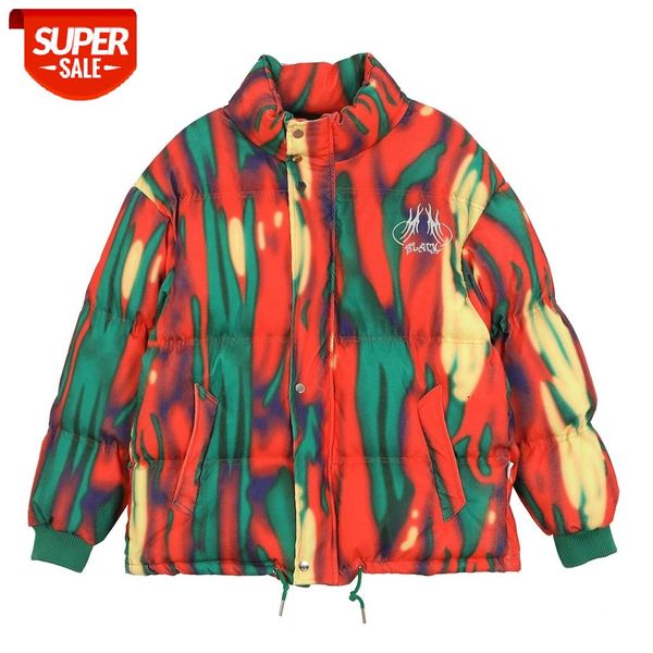 

hip hop thick warm parka jackets streetwear tie dye stripe full zip jacket winter harajuku padded jacket coats outwear colorfu #ln1x, Black