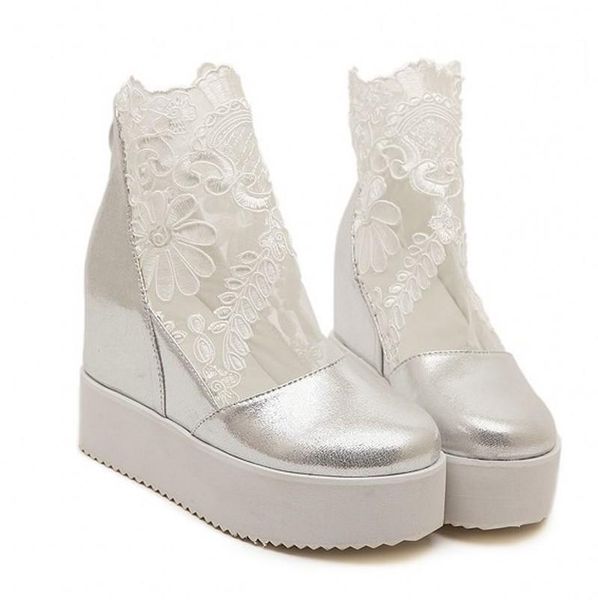 

women crochet lace zipper design wedge sandals high heel casual ethnic open toe platform height increasing chunky ladies shoes, Black