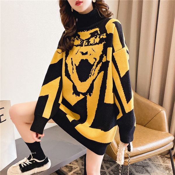 

medium thickened high neck sweater women's pullover 2021 autumn and winter new korean loose lazy style long sleeve top, White;black