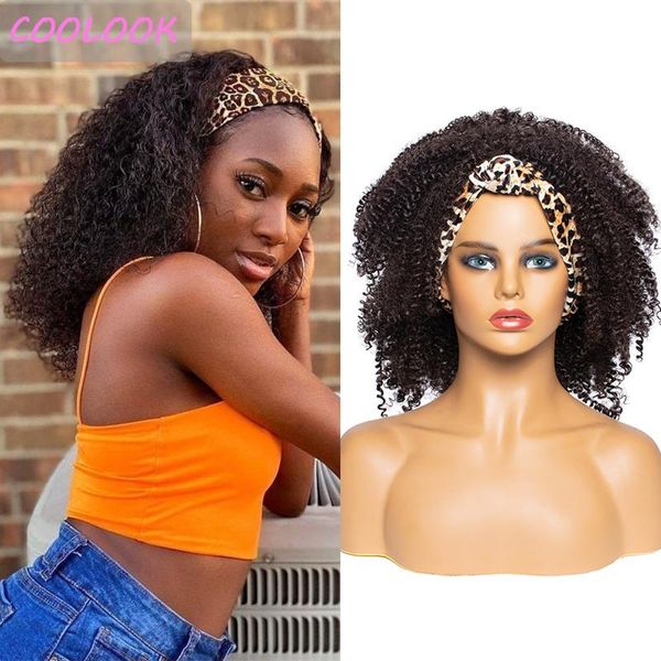 

synthetic wigs 14''kinky curly headband for black women natural headwraps wig dark brown afro cosplay with scarf