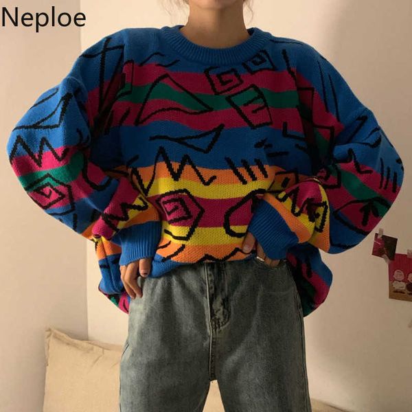 

neploe chic retro crazy style loose pull femme graffiti lover rainbow striped knit sweater o neck long sleeve patch pulllover 210930, White;black