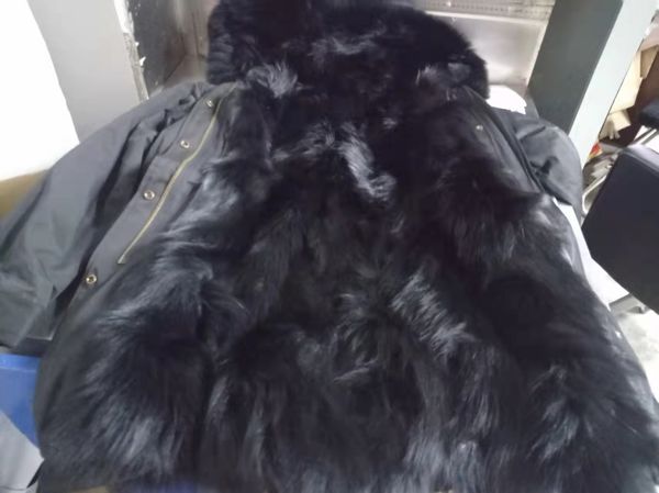 Kaliteli mukla kürkler siyah tilki kürk astar siyah uzun parkalar kar ceketi sıcak kadın katları koru
