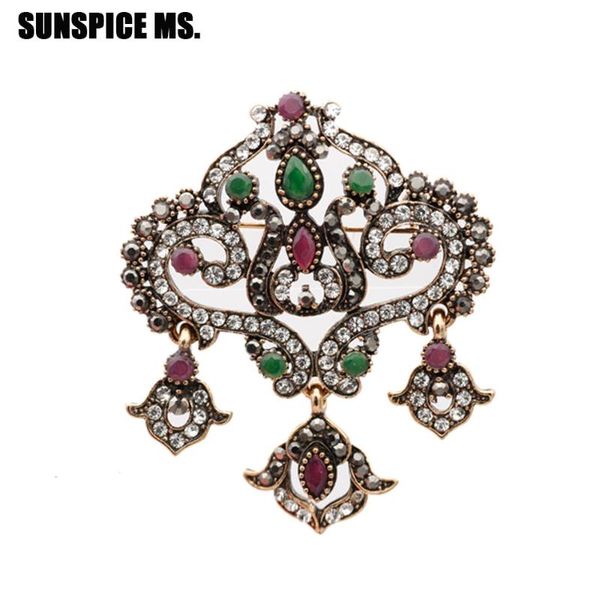 

pins, brooches exquisite vintage crystal pendant brooch pins for women antique gold color back hook turkish ethnic flower jewelry gift 2021, Gray