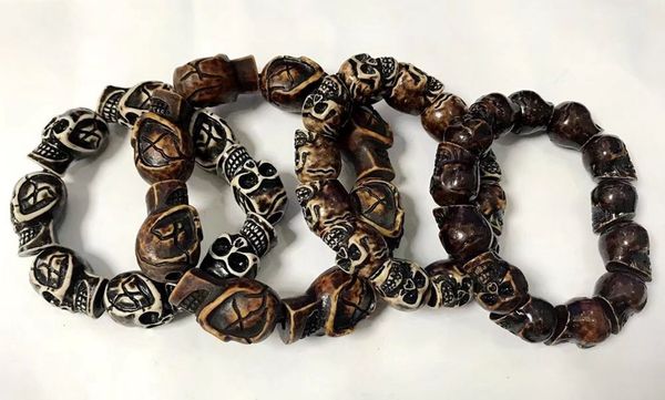 

4 pcs men vintage gothic biker yak bone skull bracelet, Black