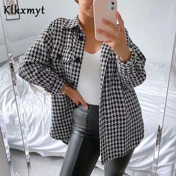 

klkxmyt za jacket women fashion houndstooth frayed tweed jacket coat vintage long sleeve pockets female outerwear chic 201020, Black;brown