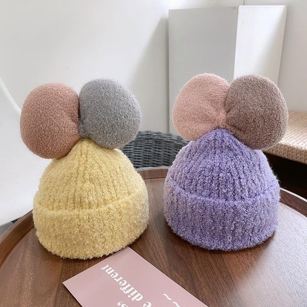

caps & hats winter fashion 2021 oversized bow children's boys girls color matching knitting dome hat, Yellow