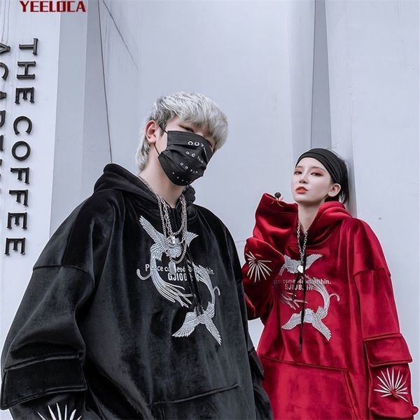 

winter thicken warm silver fox fleece couple hoodie embroidered phoenix oversized sweatshirt hip hop men women 201113, Black