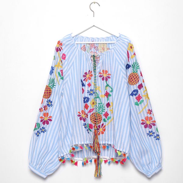 

2021 new spring autumn folk retro women blouse boho tassel floral embroidery pullovers v-neck long sleeve blouses shirts 2xyj, Black;gray