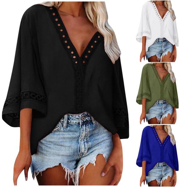 

women's blouses & shirts plus size fashion lace blouse shirt loose v-neck casual autumn ladies female women half short sleeve blus, White